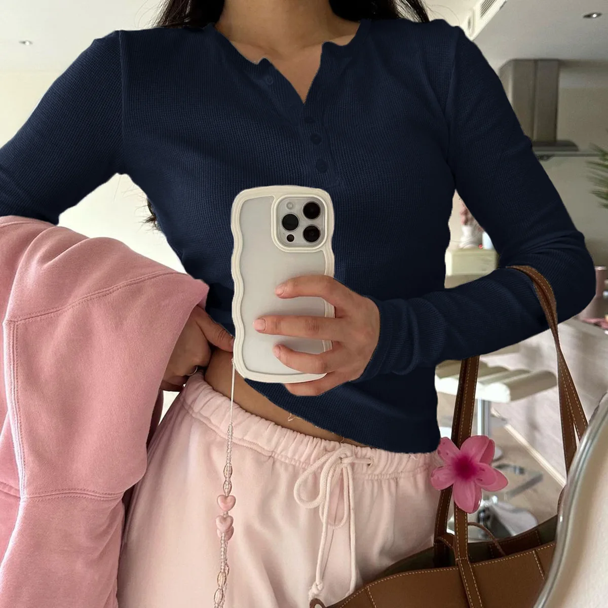 DiYun ربيع وصيف 2025 عادية محبوك طويل Sve V-Ne المرأة تي شيرت لون نقي زر عبر الحدود Faion ملابس نسائية #2