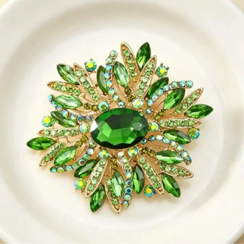 Multicolor Rhinestone Flower Brooch Shiny Glossy Crystals Gold Plated Frame for Wedding Anniversary Gifts