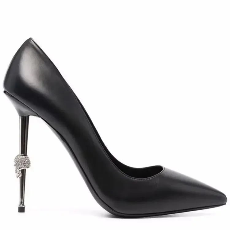 

Women Sexy Pumps Metal Heel Solid Color Mirror Pointed Toe High Heels Ghost Head Skull Heel Fashion Shoes Catwalk Large Size
