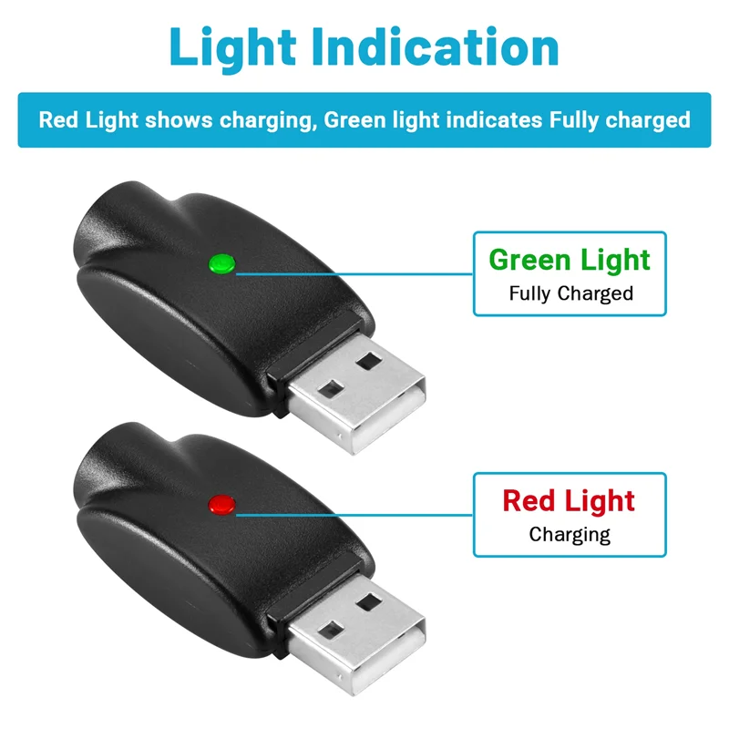 Cable de rosca USB para cargador AS95-2PCS, cargador USB portátil para vapeo, con luz indicadora LED, protección inteligente contra sobrecarga