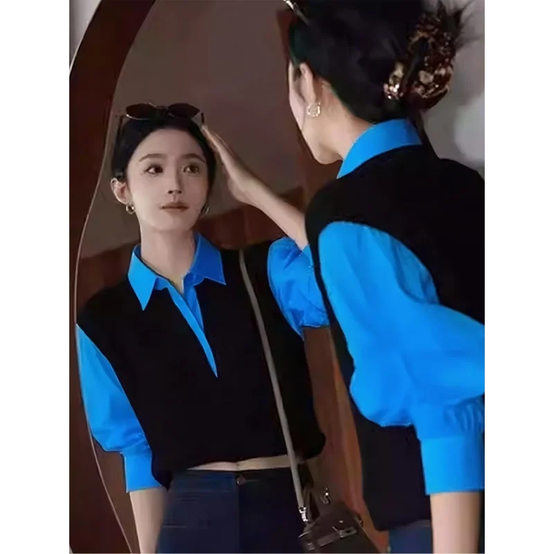 

Women's Fashionable Casual Tops Non-Contrast Korean Splicing Fake Two-piece Knitted Sweaters Autumn