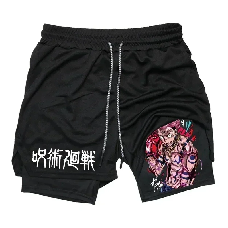 

Men's double-layer sports shorts with anime print pattern and 2-in-1 fitness boxing quick drying breathable sports shorts