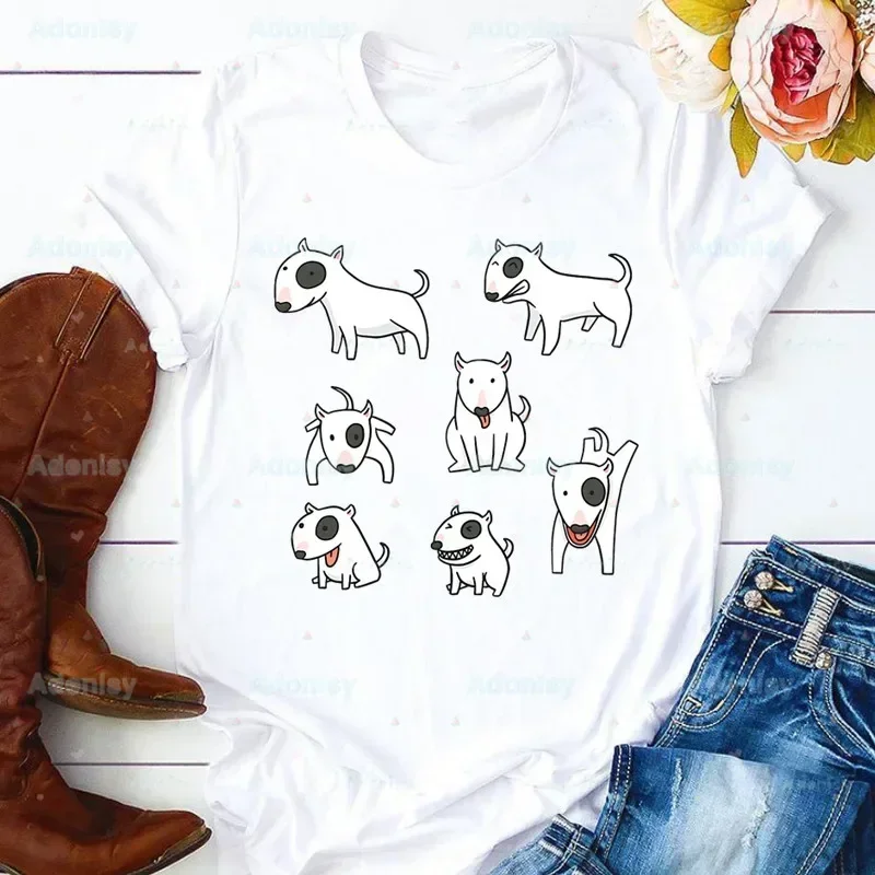 

Bull Terrier Group T-shirt Ladies Cute Pet Dog Logo Graphic Printing Funny Casual Roundneck Short Sleeve T-shirt Clothing