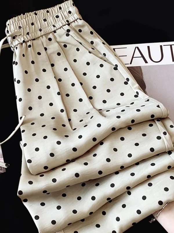 الصيف رقيقة خلات الساتان البولكا نقطة بنطال ذو قصة أرجل واسعة المرأة فضفاضة عالية الخصر ثنى مستقيم بنطلون طويل غير رسمي #1