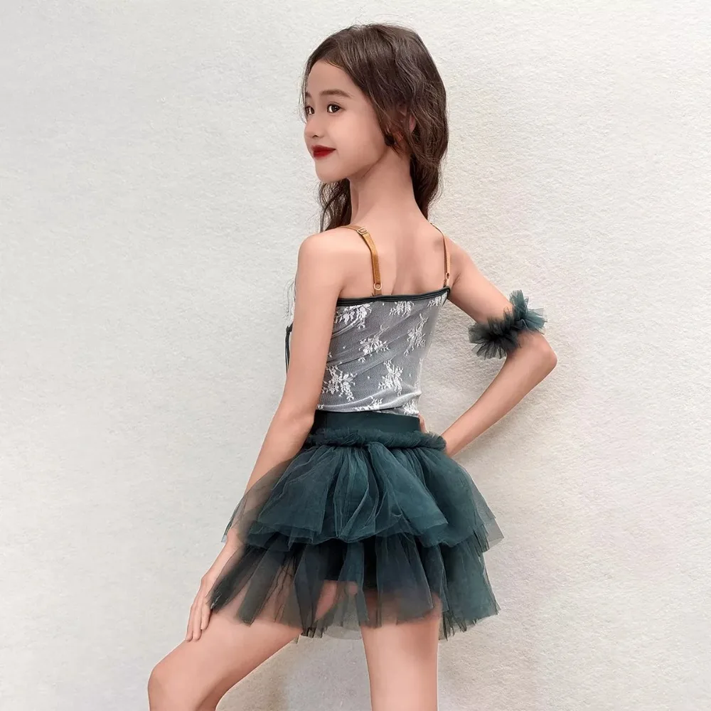 New Latin Dance Suit For Girl Performance Stage Clothing Strap Bodysuit Mesh Skirt Kid Chacha Rumba Dance Practice Set