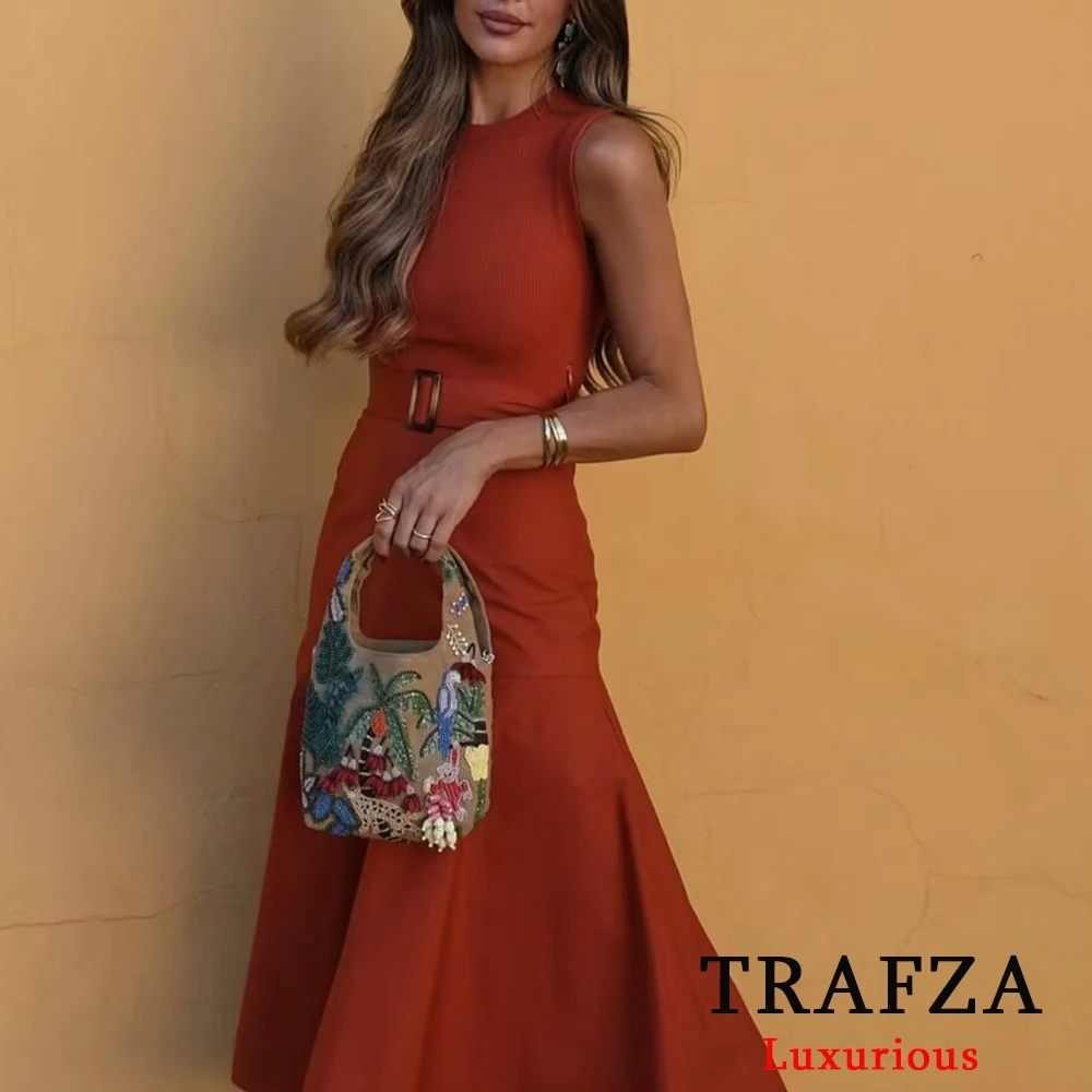 TRAFZA Elegant Solid Knitted Patchwork Midi Dress Women O Neck Sleeveless Belted Dresses 2024 Chic Lady Party Dress