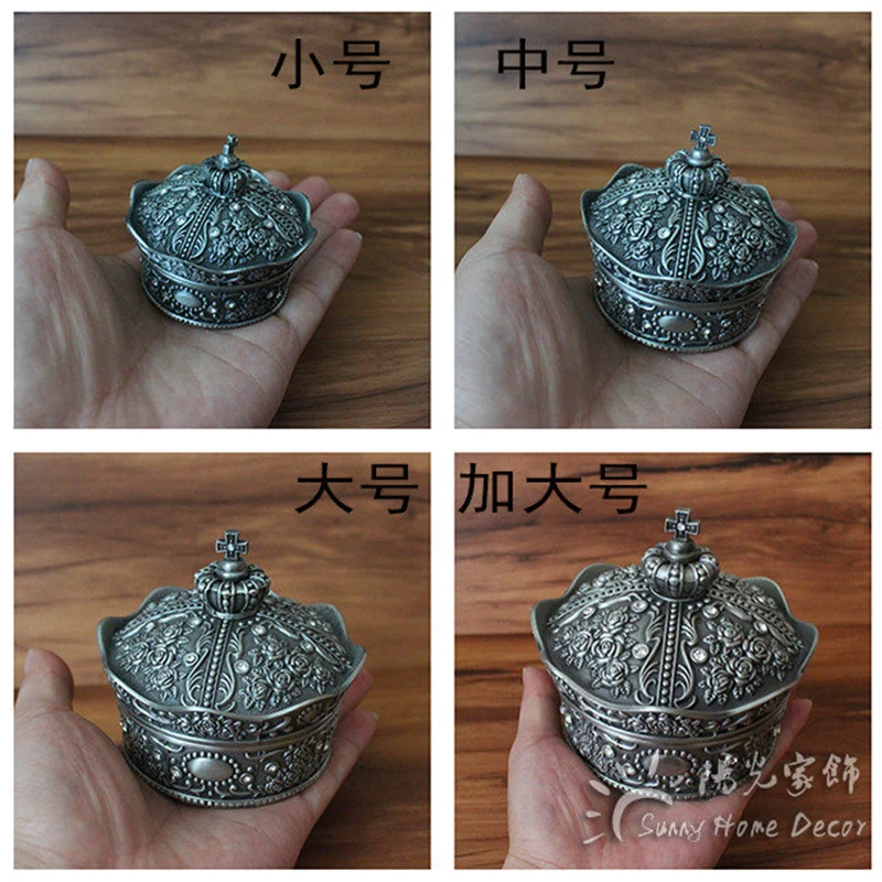 4 Sizes Metal Jewelry Box Crown Shape Vintage Home Decoration Art Rose Flower Carved Organizer Beads Gift Storage