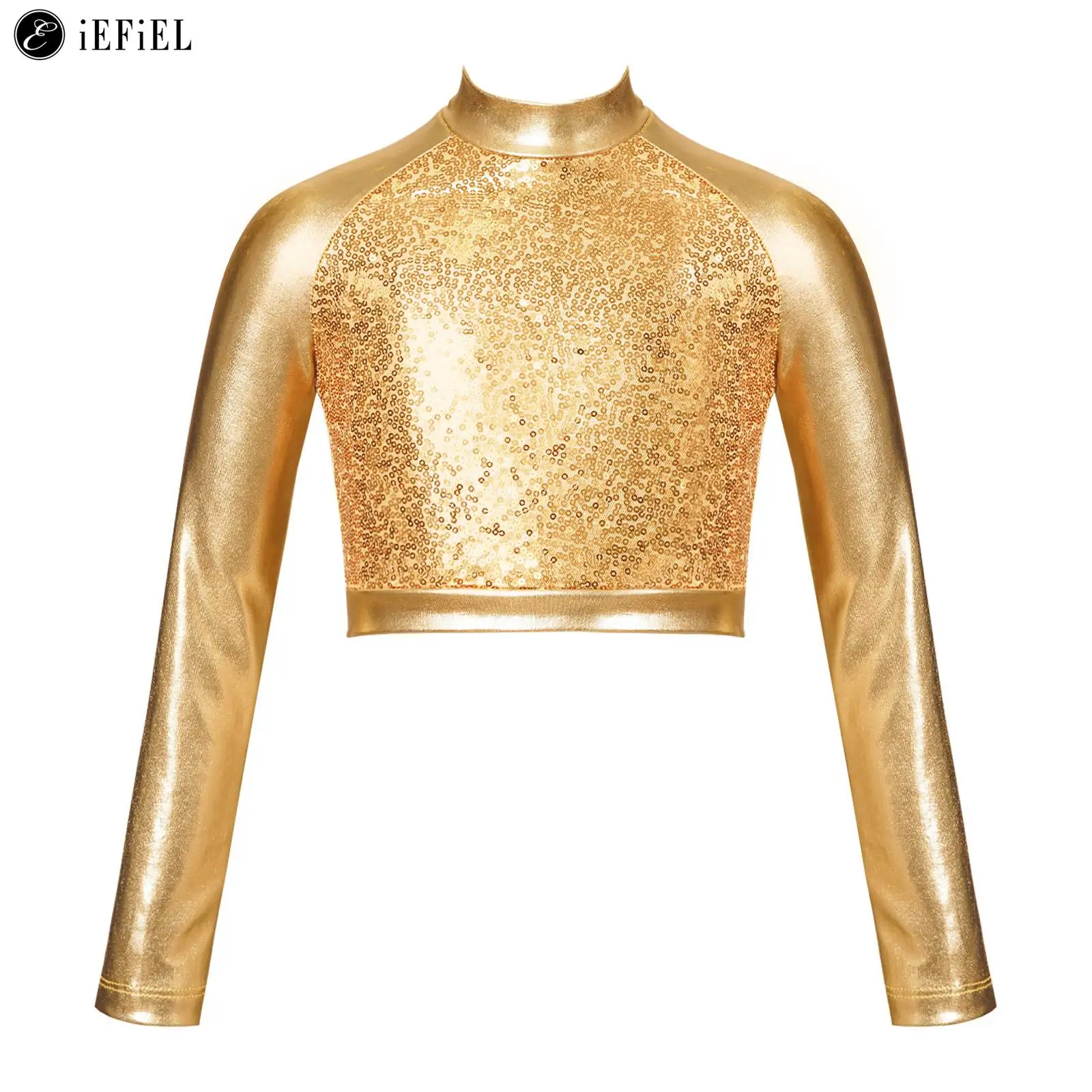 Kids Girls Metallic Sequins Mock Neck Long Sleeve Crop Tops Athletic Shirt for Modern Jazz Latin Dance Performance Costume