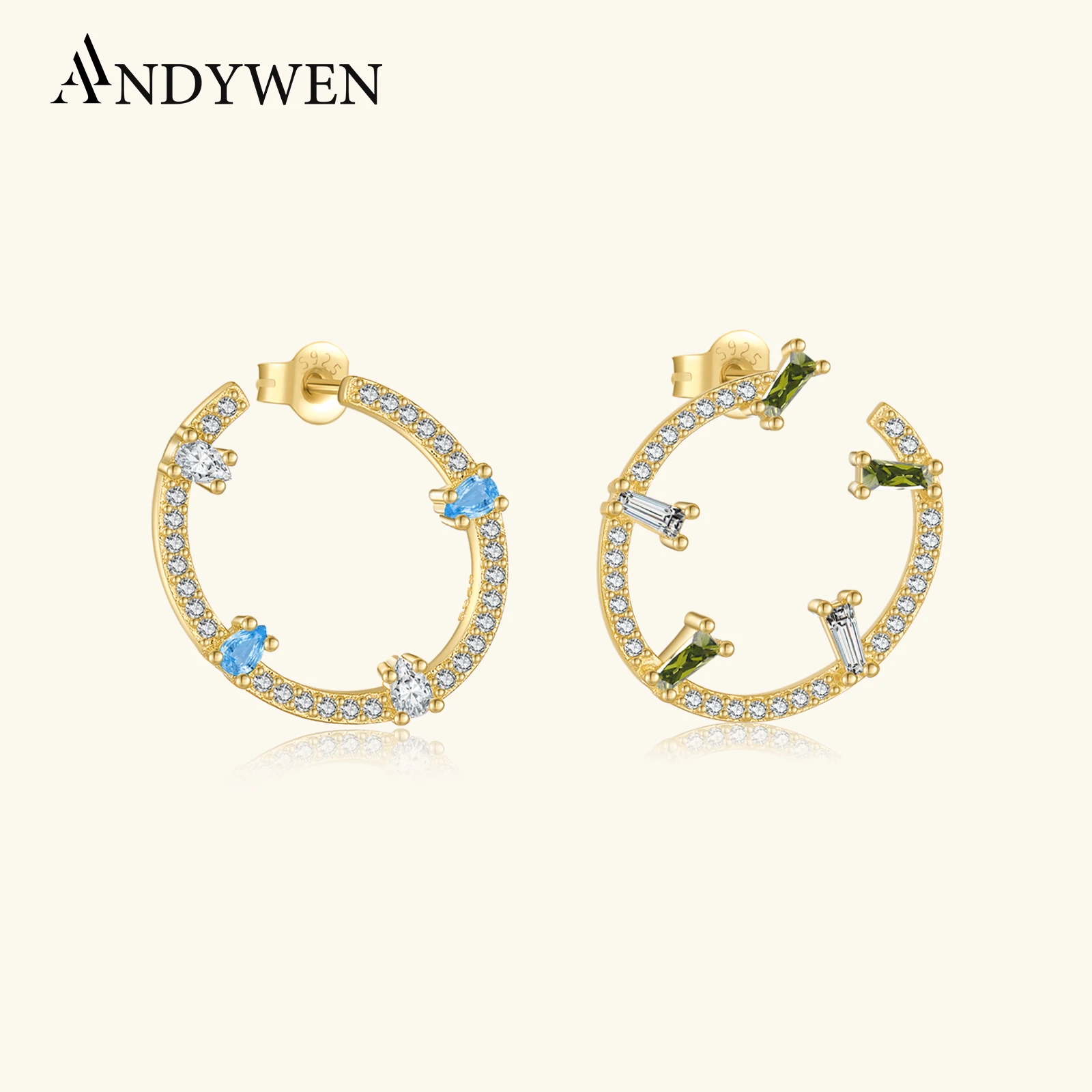 

ANDYWEN 925 Sterling Silver Sparkling Colorful Pear & Rectangular Stud Earrings Micro-Paved Zircon Fashion Jewelry for Party