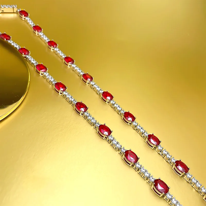 Silver Color 7*9mm Oval Cut Red Cubic Zirconia Chain Necklaces for Women Vintage Simulated Ruby Chokers Necklace Wedding Jewelry
