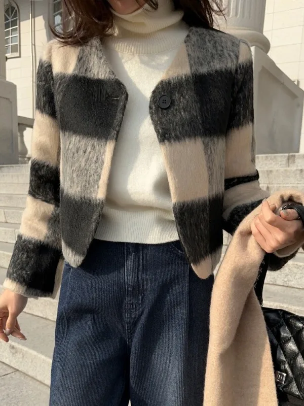 

Зимнее шерстяное пальто в стиле ретро ort V-Ne, утягивающая клетчатая хлопковая внутренняя качественная верхняя одежда для миниатюрных женщин, Faionable