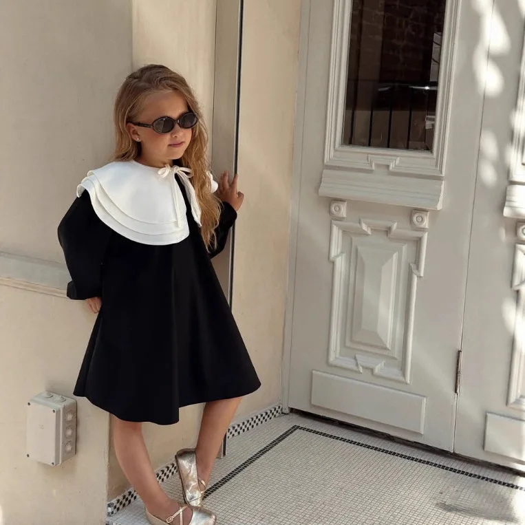

2025 Russian Spring and Autumn Girls Cotton and Hemp Detachable Peter Pan Collar Long Sleeve Palace Style Dress