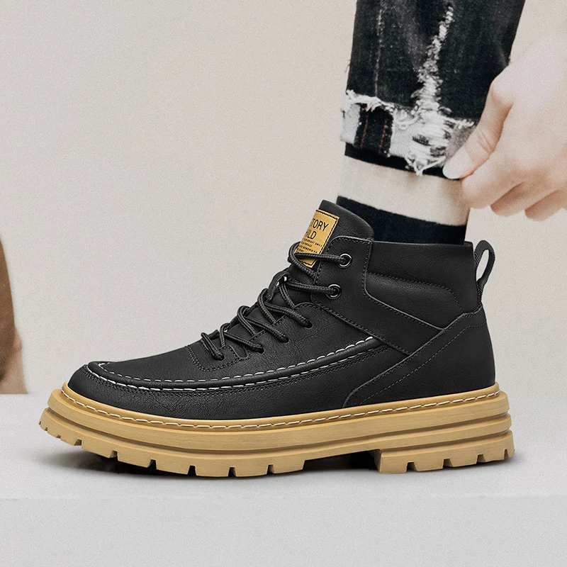 Mens height increasing shoes Thick sole durable mid top design leather material water resistant increase height by 6/8 centimete