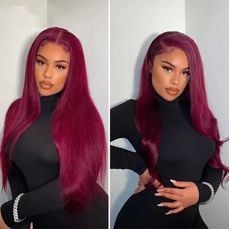 40 46 inches 200% Density Burgundy 99J Straight Human Hair Wig 13x6 Transparent Lace Front, Brazilian Lace Frontal Wig for Women