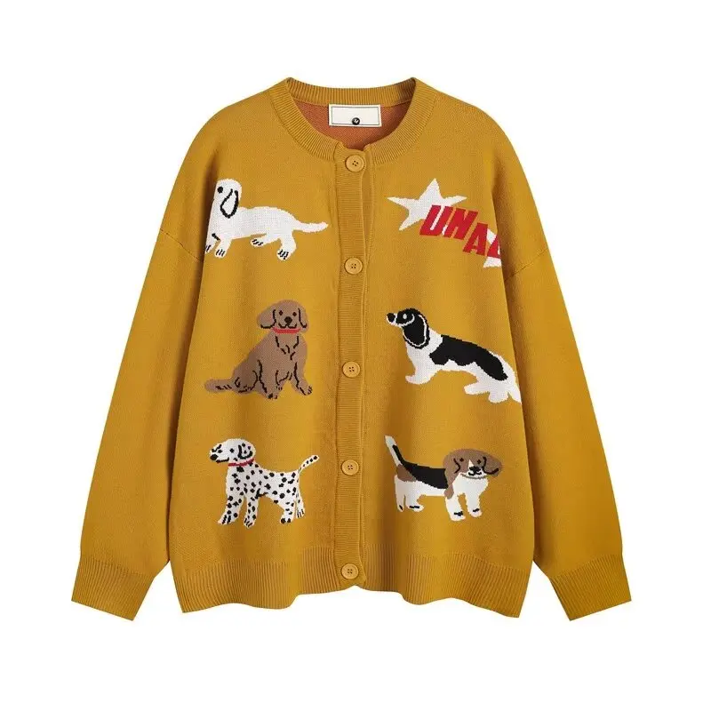 2024 Puppy Sweater Cardigan For man Women Vintage Kawaii Cartoon Printed Dogs Grey Knitted Coat y2k couple Korean Streetwear