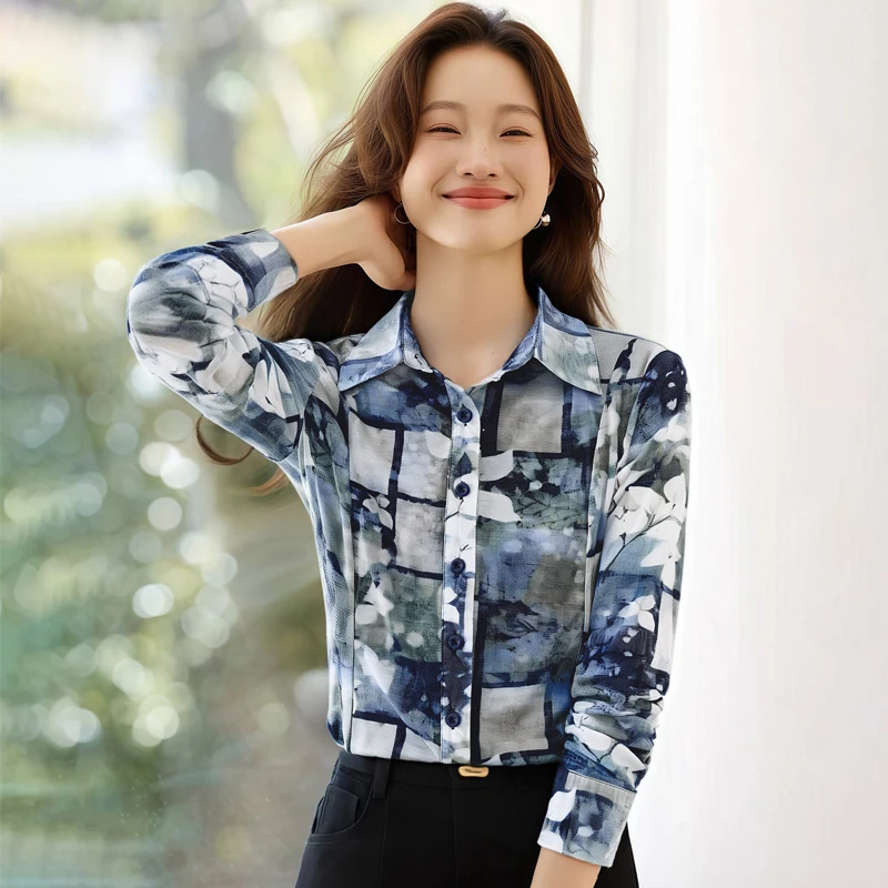 

Women's Shirts Chic Printed Long Sleeve Shirt Hawaii Vacation Casual Blouses Women Lapel Tops Femme