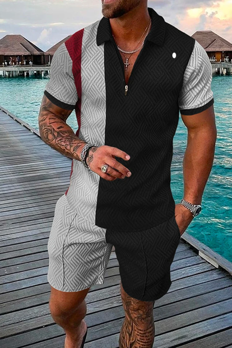 Herren Sommer lässig Polos hirt Set männliche Mode Trainings anzug einfarbig Anzug Trun Down Kragen Reiß verschluss Kleidung Vintage Outfit – Detail 2