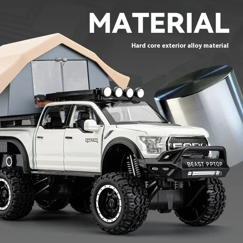 1:24 Ford Raptor F150 Camping RV Off Road Pickup Truck Alloy Metal Diecast Model Car Sound & Light Series Toys Gifts For Kids