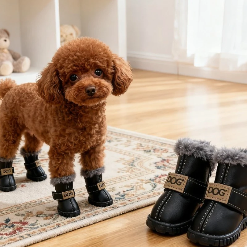 Botas cálidas de PU para perros, botas de nieve de invierno para mascotas, zapatos suaves impermeables para mascotas, botas para perros de varios tamaños suaves y transpirables antideslizantes de felpa, 4 Uds.