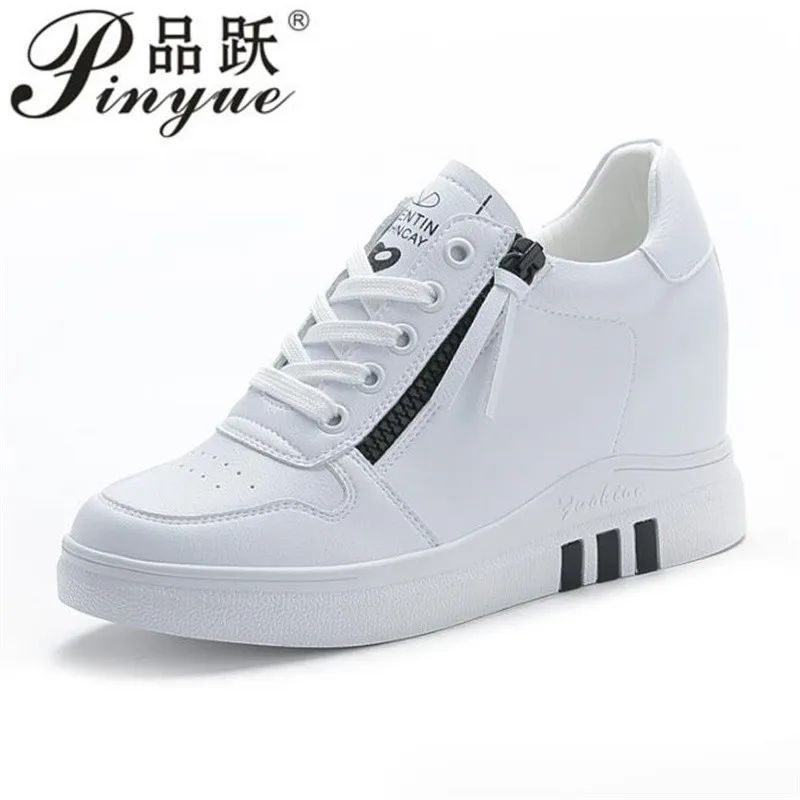 

7cm Spring Lace-up High-top Genuine Leather Shoes Women Sneaker Shoes High Heels Increase Within Wedges Casual Shoes 34 40