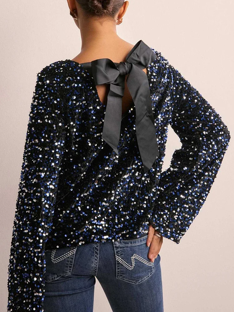 New Elegant Women Streetwear Solid Tops Blusa Spring Autumn Casual Long Sleeve Loose Shirts Sequins Patchwork Simple Chic Blouse