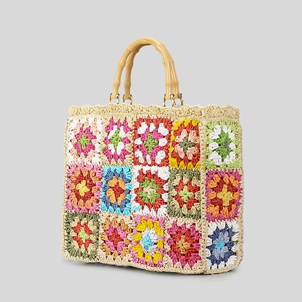 Bolsas xadrez flor boêmia para mulheres sacolas tecidas, bolsa de tricô, alça de bambu falso, bolsas de compras, cor, designer, 2024