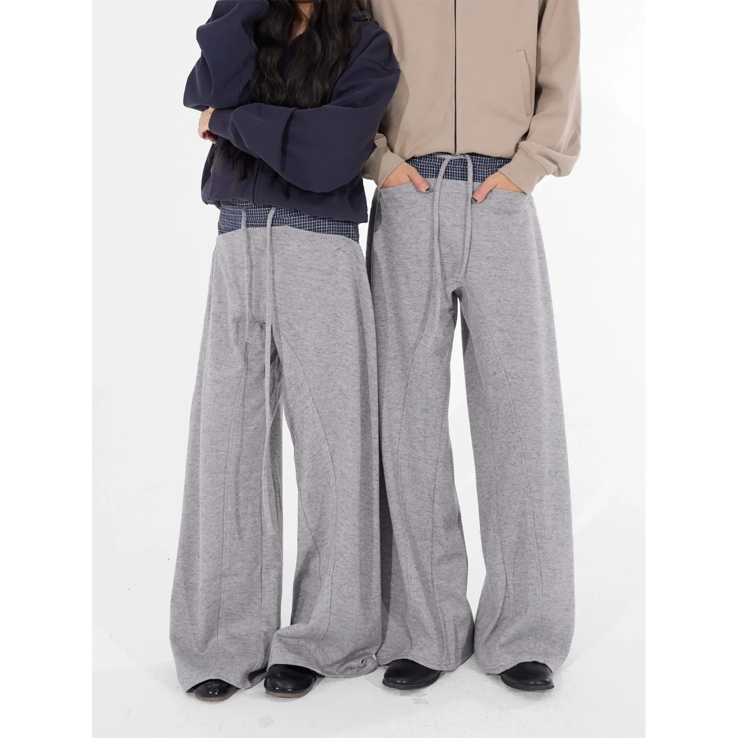 

American Sle Retro Plaid Splicing Dstring Casual Pants Men's Women's Wide Leg Casual Pants Couples Autumn Polyester