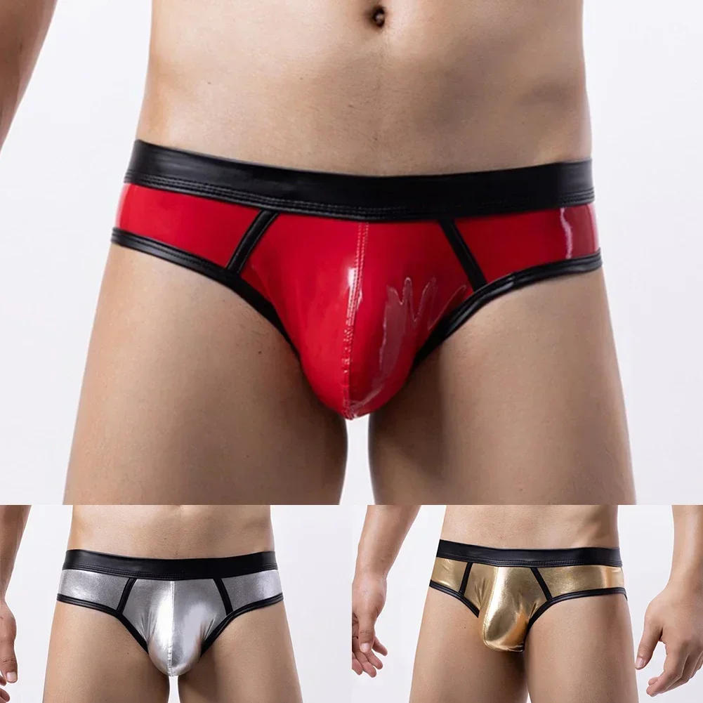 Hot Mens Faux Leather Wet-Look Briefs Breathable Pouch Lightweight Underwear Bikini Patent Leather Color Matching Underpants