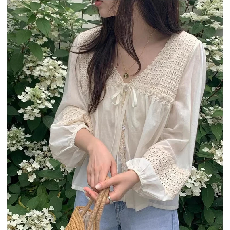 Sweet Chic V-Ne Scava fuori Lace Trim Bubble Sve irt Top da donna Primavera New Sle Loose Fit Lungo Sve Fibra di poliestere