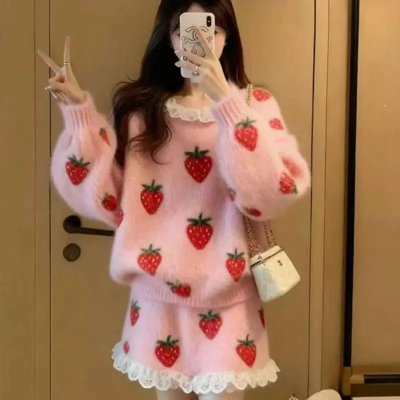 Autumn Winter Girl Sweet Sweater Skirt Suit Comfortable Keep Warm Strawberry Knit Skirt Splice Lace Gentle Sweater Birthday Gift