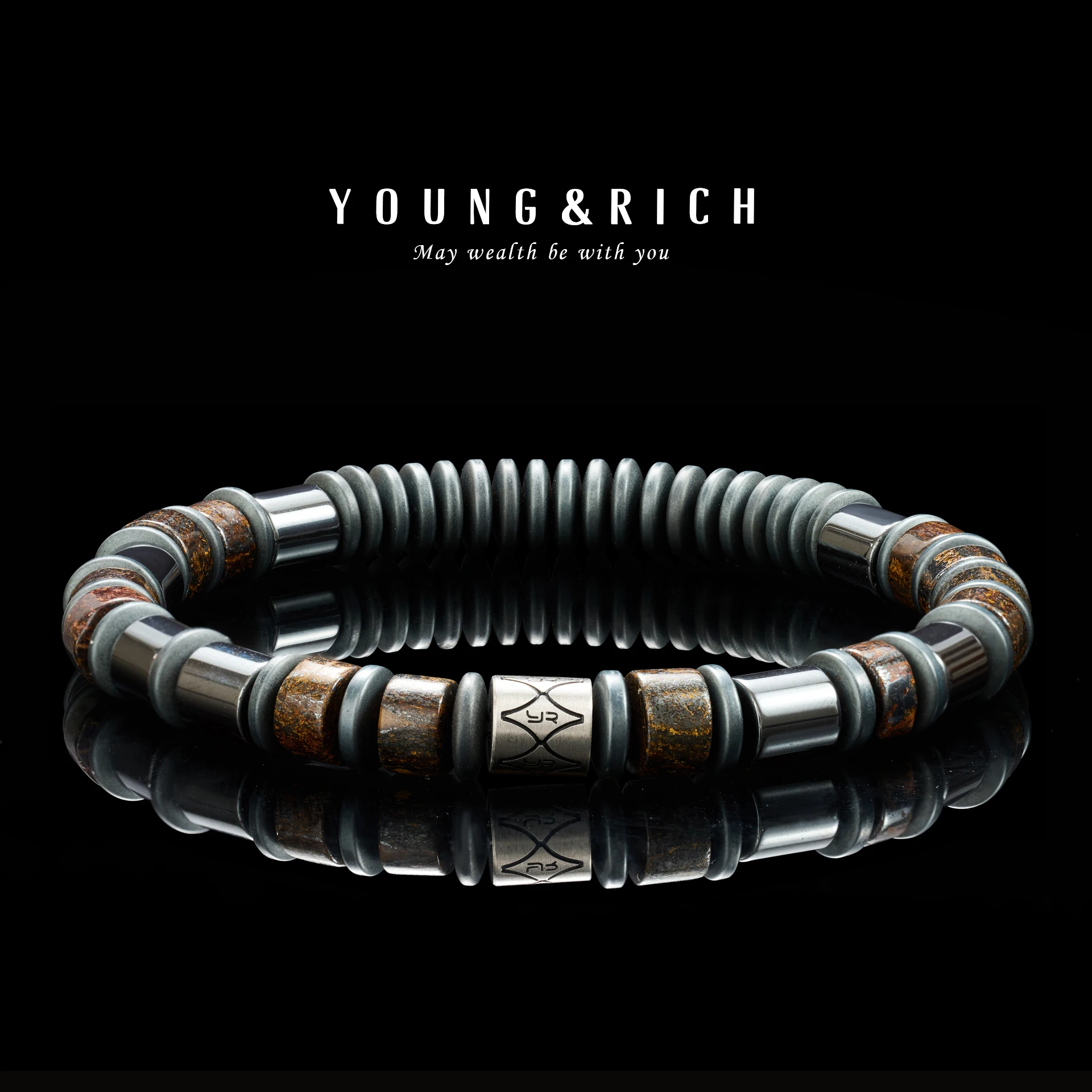 YOUNG&RICH Men's 6mm Brown Stone & Black Heishi Beaded Bracelet, Retro Industrial Stretch Stackable Jewelry