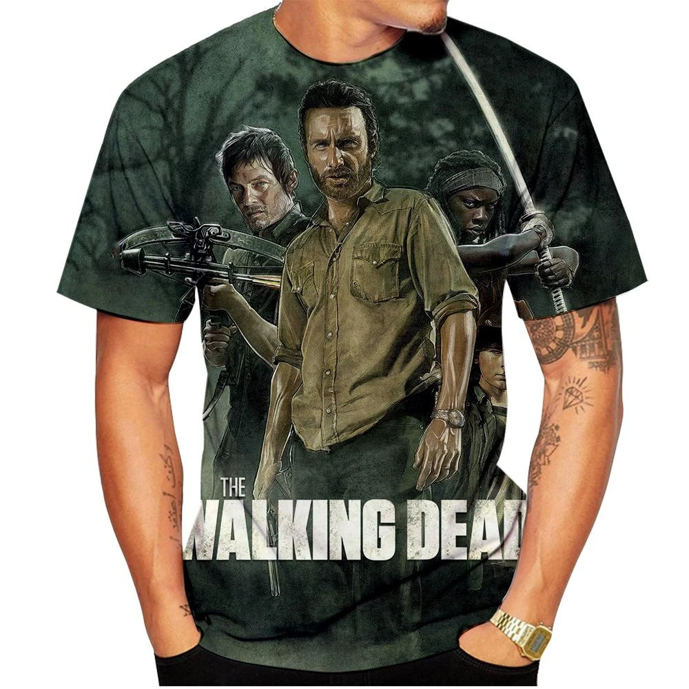 3d Tshirts For Men Vintage Oil T-shirt Street Fashion The Walking Dead Printed Short-sleeved Loose Oversized Motorcycle T-shirt