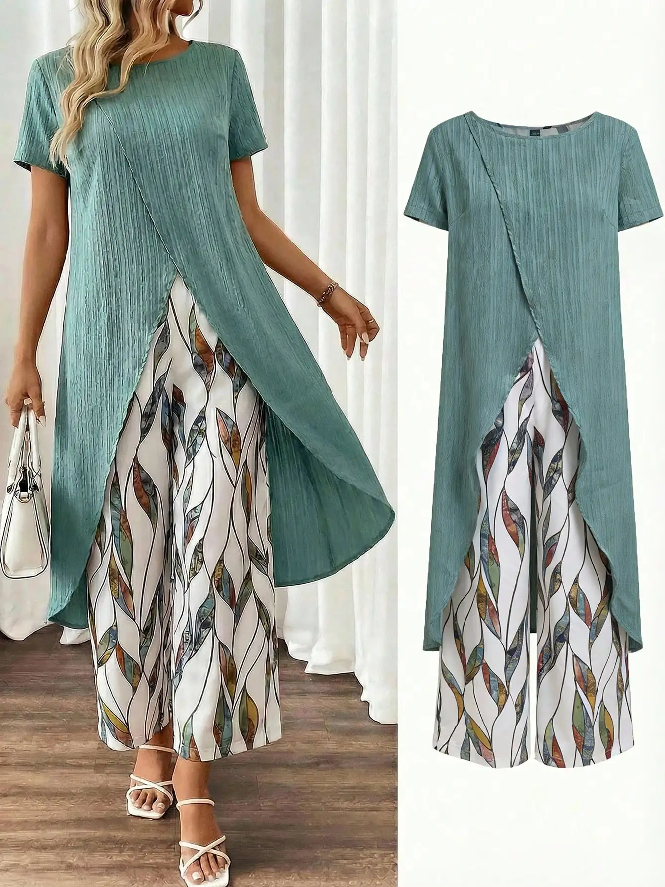 

Женский повседневный комплект из двух предметов: топ с асимметричным подолом и широкие брюки с принтом листьев, летний вариант