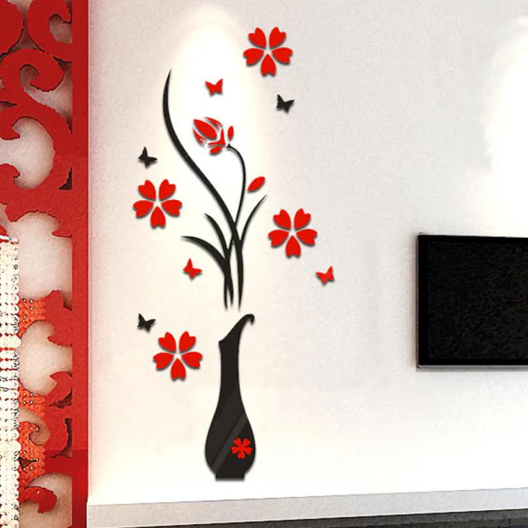 DIY Vase Flower Wall Sticker Acrylic 3D Cute Combination Mirror Effect Wall Sticker Decal Home Decor Flowers Wall Sticker Decal