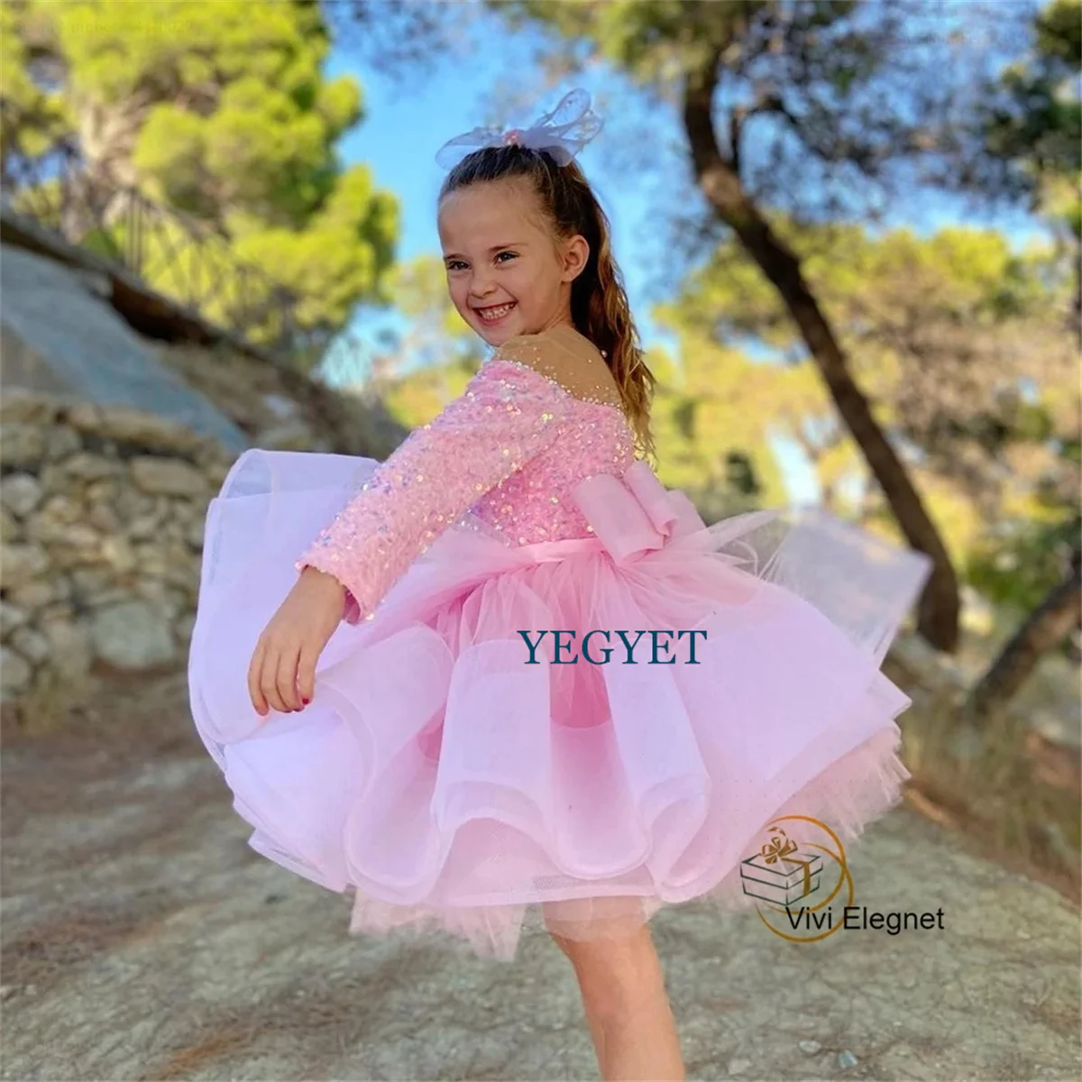 Pink Full Sleeve Flower Girls Dresses for Girls 2023 Summer New Tiered Soft Tulle Christmas Gowns for Baby فلور فتاة اللباس