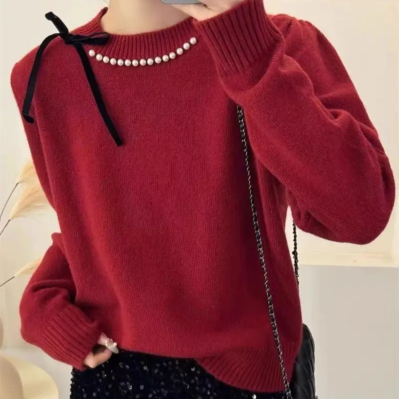 Bow Tie Nail Bead Temperament Soft and Sticky Knitted Sweater for Women Loose and Versatile Round Neck Pullover Sweater Trendy