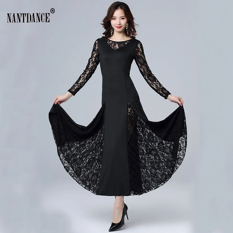 Vestidos de baile de Salón Estándar para mujer, disfraces de Vals, manga de encaje, vestido de baile de Flamenco, vestido de vals de escenario, ropa de baile de Tango