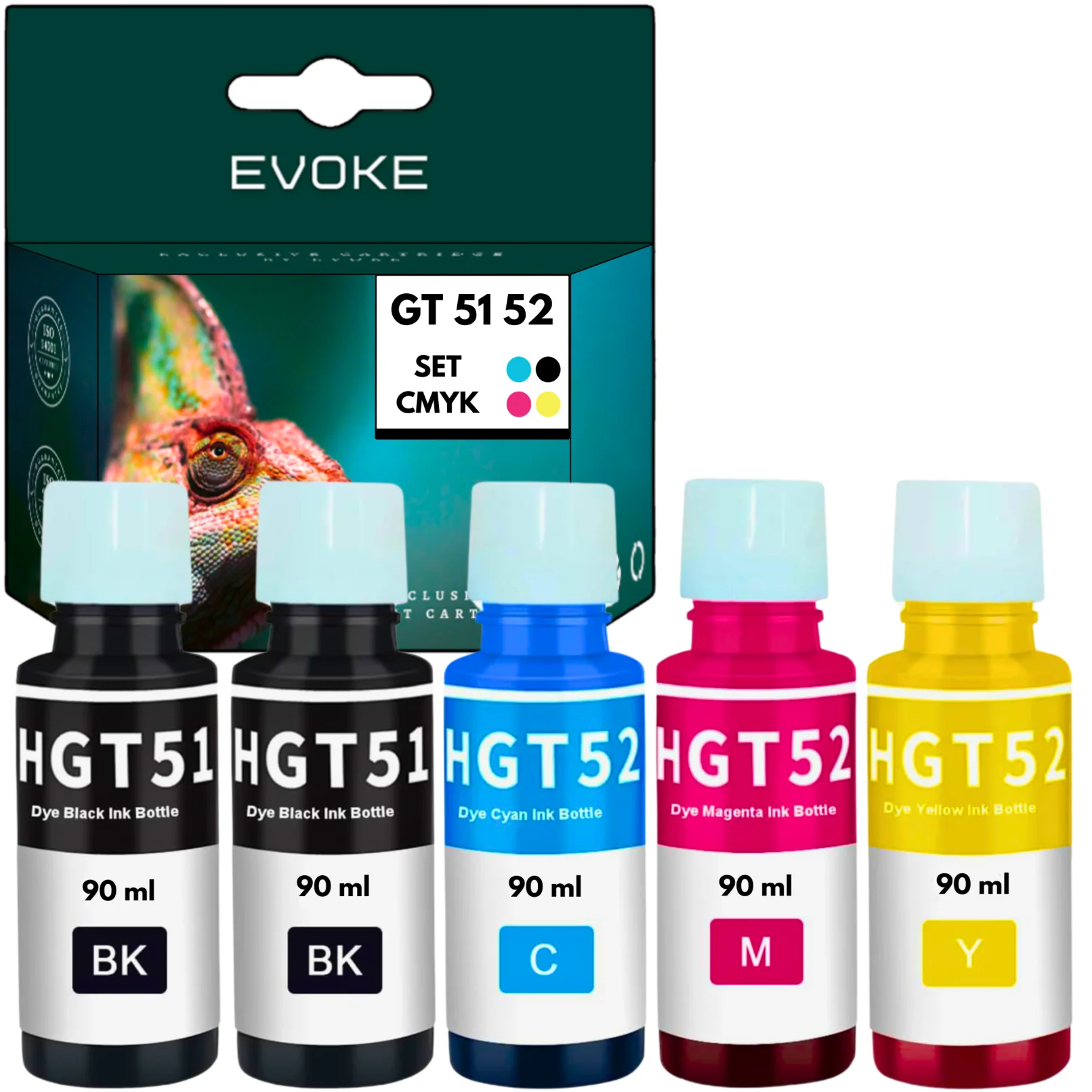 Evoke Compatibele Inkt voor Hp Gt51 Gt52 Gt-51 Gt-52 M0H57Ae M0H54Ae M0H55Ae M0H56Ae Set van 5 Flessen: 2X Zwart+Cyaan+Magenta+Geel 450 ml 42040 Pagina's Inktank 115 310 311 315 316 318 319, Draadloos