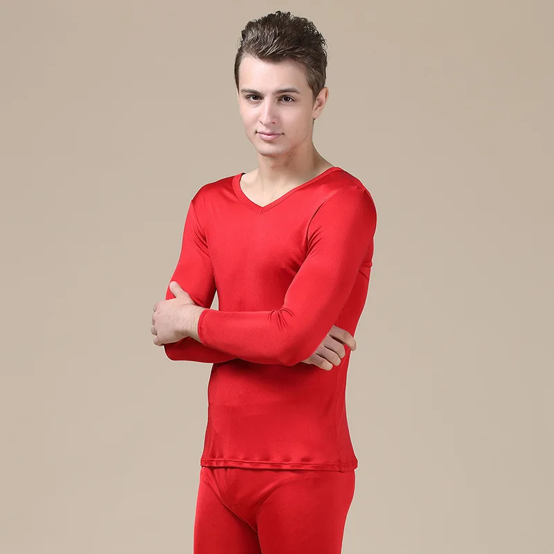 Men\'s solid V-neck silk double knitted thermal underwear set autumn clothes and pants 9805