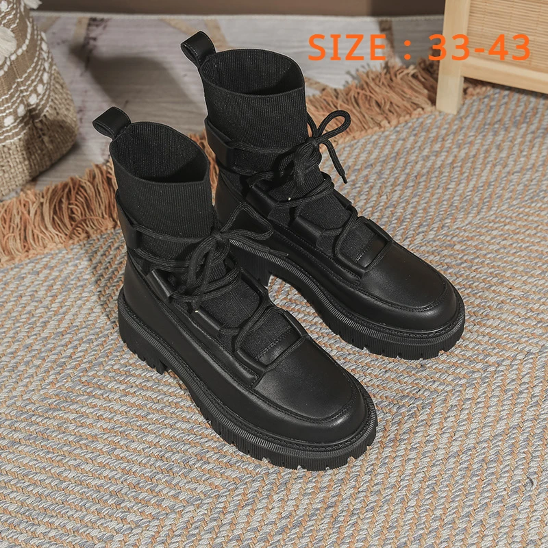 

Women Mid Calf Boots Autumn Winter 2024 New Fashion Trend Platform Elastic Sock Boots Lace Up Stretch Fabric Cross-tied Shoes