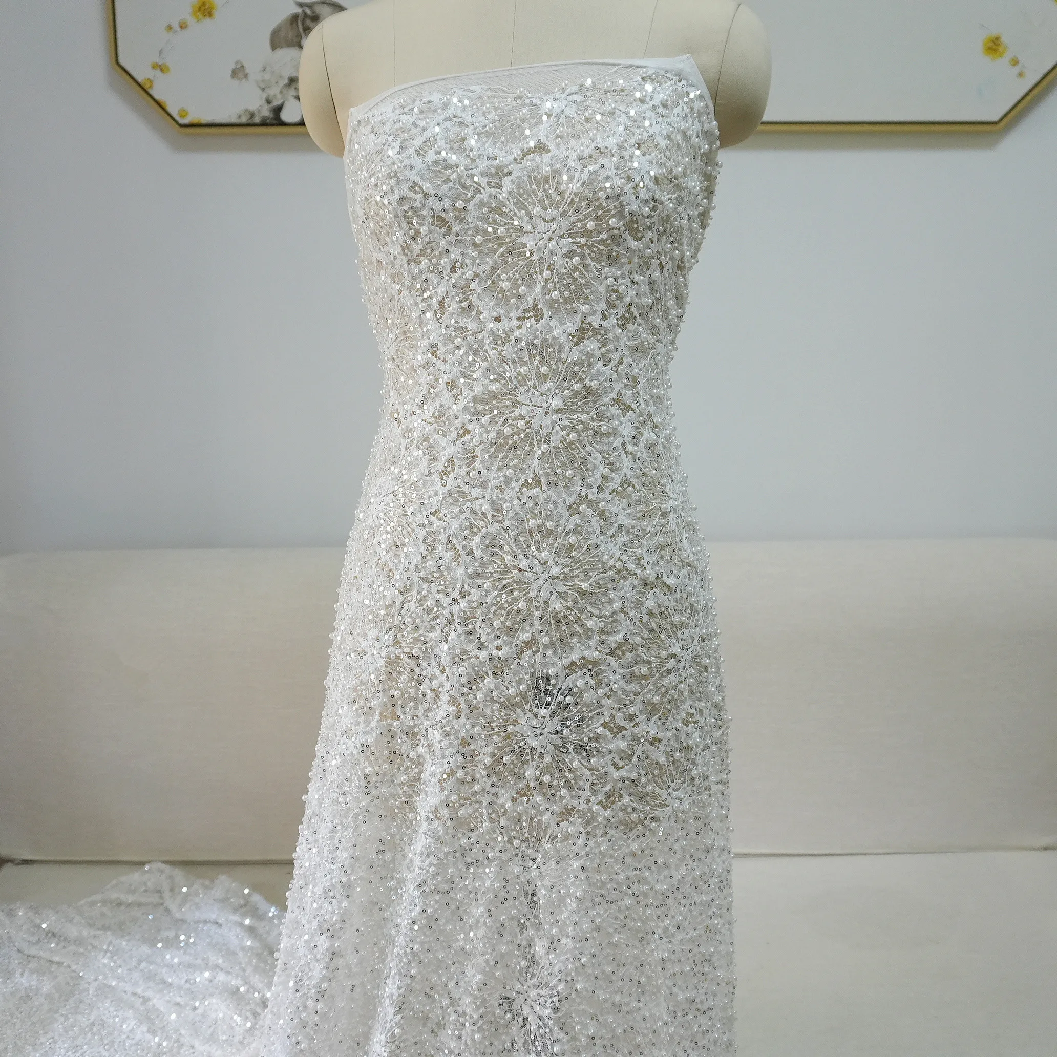 

Bridal Lace Fabric with Pearl and Sequin Soft Embroidered Cloth Material for Wedding Dresses Gowns Crafting Sew Trimming