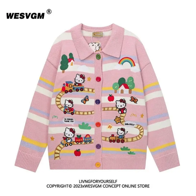 

Sanrio Hello Kitty Cardigan Knitted women's Autumn Winter Japanese Fun Cartoon Embroidery Contrast Color Striped Loose Casual