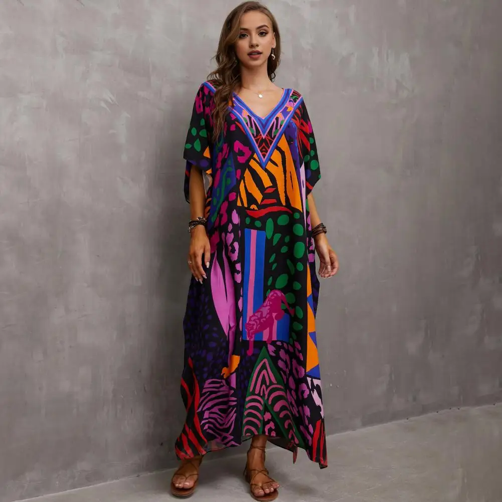 Distinctive Print Beach Dress Vibrant Color Print Beach Cover Up Dress with Side Slit Loose Fit V-neck Bikini Cover for Vacation