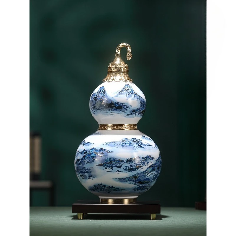 Brass blue and white gourd ornament Chinese home entrance office decoration