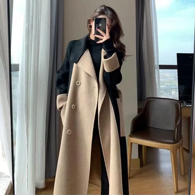 Frauen Patchwork lange Mischungen Mantel Herbst Winter drehen Kragen einreihige Mäntel pendeln elegante Parkas neue schicke warme Out wears