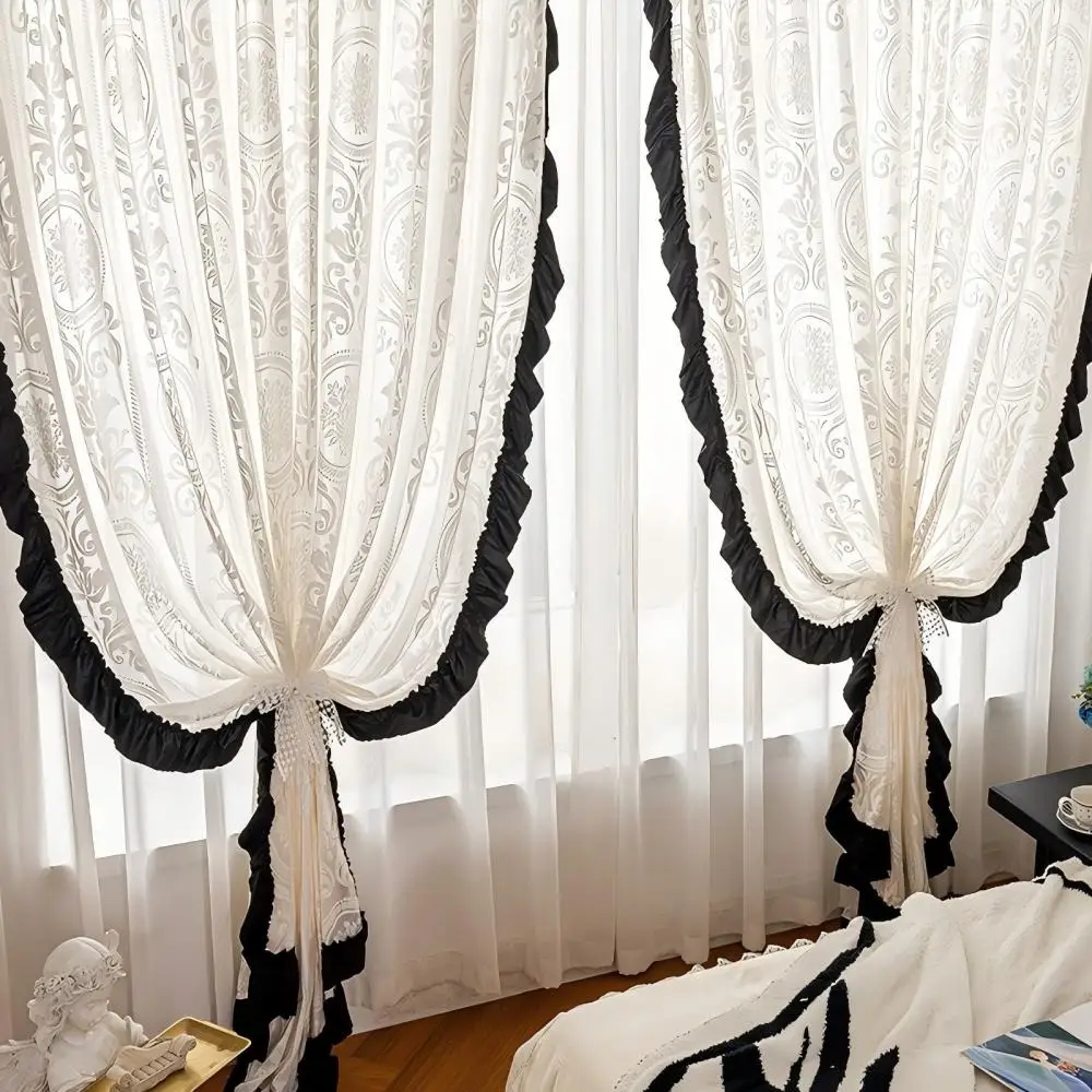 200002   French Retro Rose Retro Easy Black Lace Transparent and Impermeable Curtain Window Screen