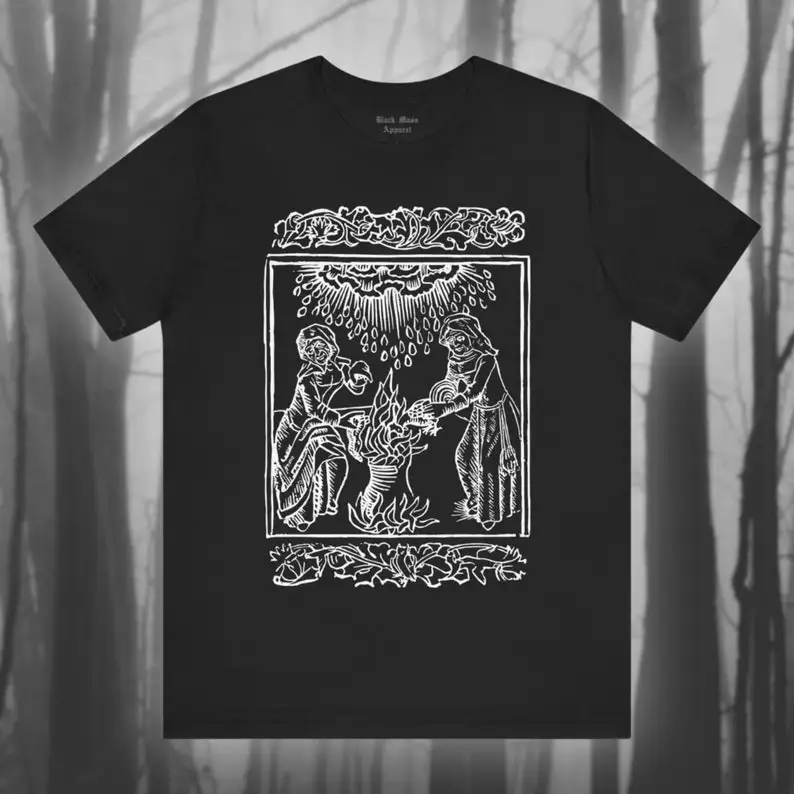 Witches Brewing Up a Storm II, Vintage Medieval Woodcut Shirt, Witchcraft T-shirt, Gothic, Occult Black Magic Unisex Short