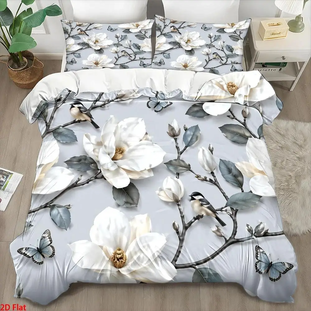 3Pc Light Luxury Style Magnolia Flower Bird Butterfly Print Quilt Cover Set, Bedding Three-Piece Set (1*Quilt Cover + 2*Pillowcases), Nordic Style Double Bedding, Modern Minimalist Bedroom Decor, Skin-Friendly Breathable Polyester Woven Quilt Cover, Invisible Zipper, Machine Washable, Suitable for All Seasons, Wrinkle-Resistant, Easy to Clean, Durable Dormitory Bedding, Suitable for Home Master Bedroom, Guest Room, Student Dormitory, Quilted Design Soft Comfortable Bedspread Set, Large Double Bed Cover