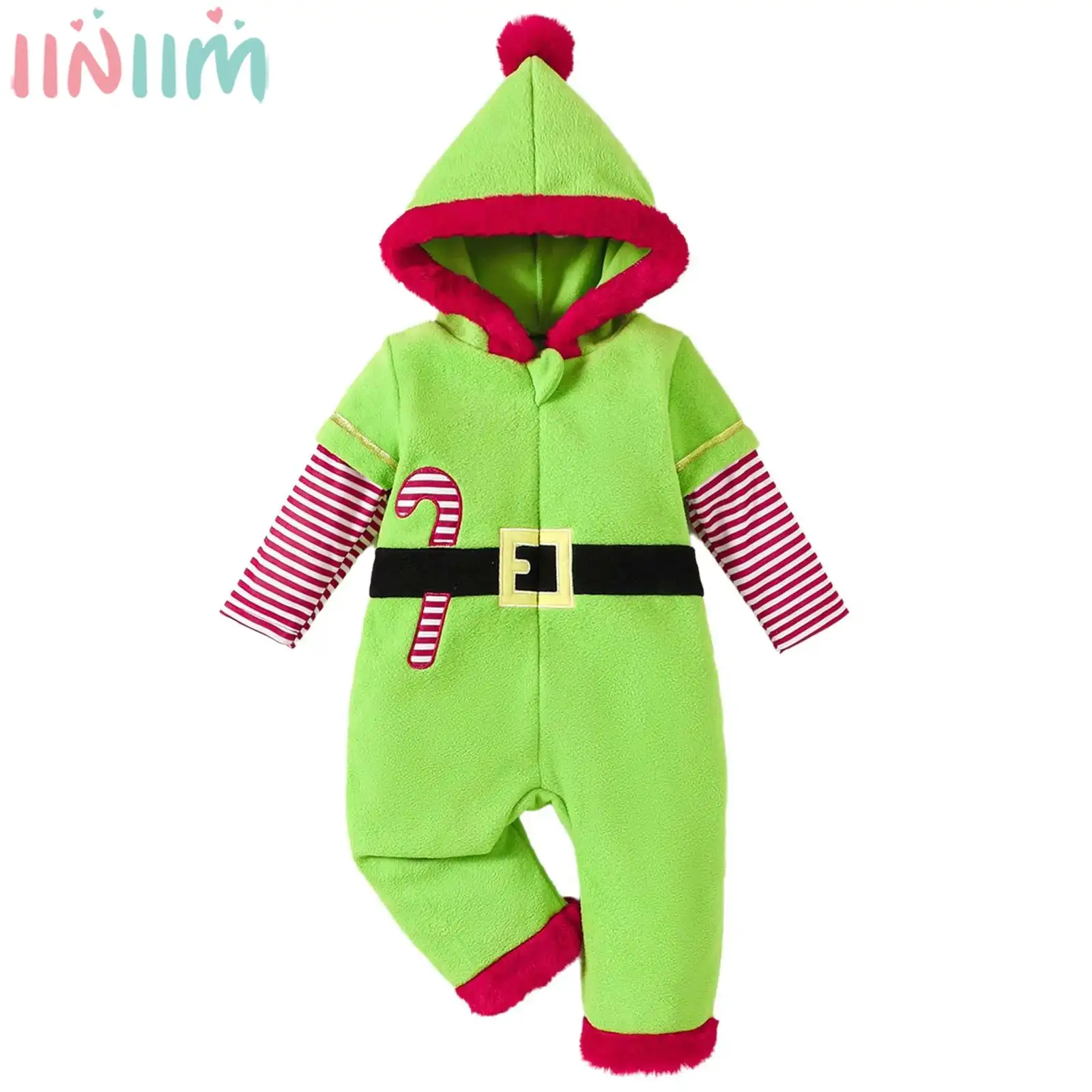 

Рождественские комбинезоны для маленьких мальчиков и девочек, костюм Санта-Клауса и эльфа, комбинезон с длинными рукавами и вышивкой в полоску и капюшоном для рождественской новогодней вечеринки