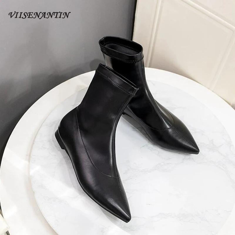 Fashion Design Women Ankle Boots Black Leather Pointed Toe Stretch Boot for Autumn Winter Flat Shoes Concise ladies Chelse Boots